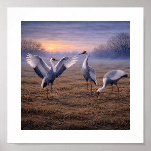 White-naped Cranes in a Winter Plain –   Poster