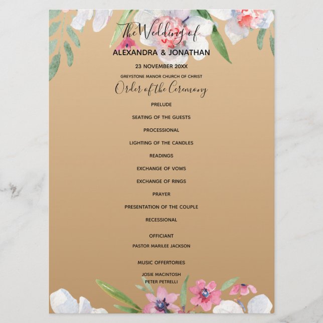 White Narcissus on Champagne Gold Wedding Program (Front)