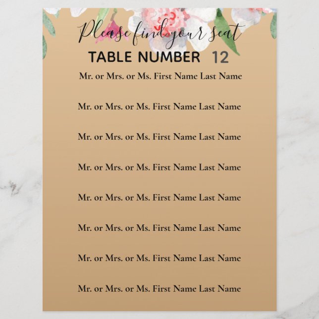 White Narcissus on Champagne Wedding Seating Sign (Front)