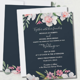 White Narcissus on Navy Floral Wedding Invitation