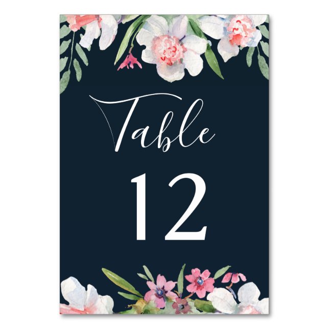 White Narcissus on Navy Wedding Table Number (Front)