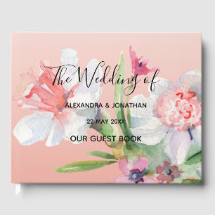 White Narcissus on Pink Floral Wedding Guest Book