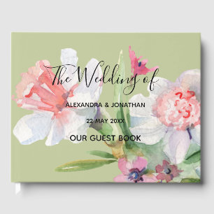 White Narcissus on Sage Floral Wedding Guest Book