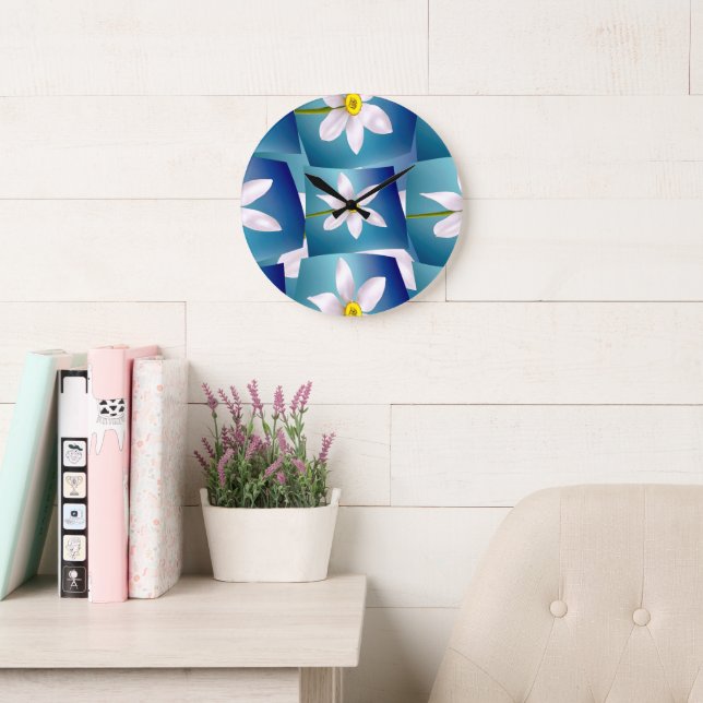 White Narcissus Pattern Large Clock (Reading Room)