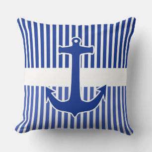 White Narrow Stripes & Anchor blue + your backgr. Cushion