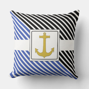 White Narrow Stripes & Anchor gold Cushion