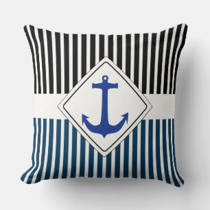 White Narrow Stripes & Anchor + your backgr. Cushion