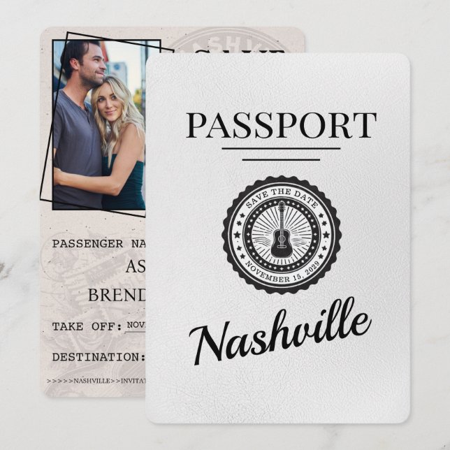 White Nashville Passport Save The Date (Front/Back)