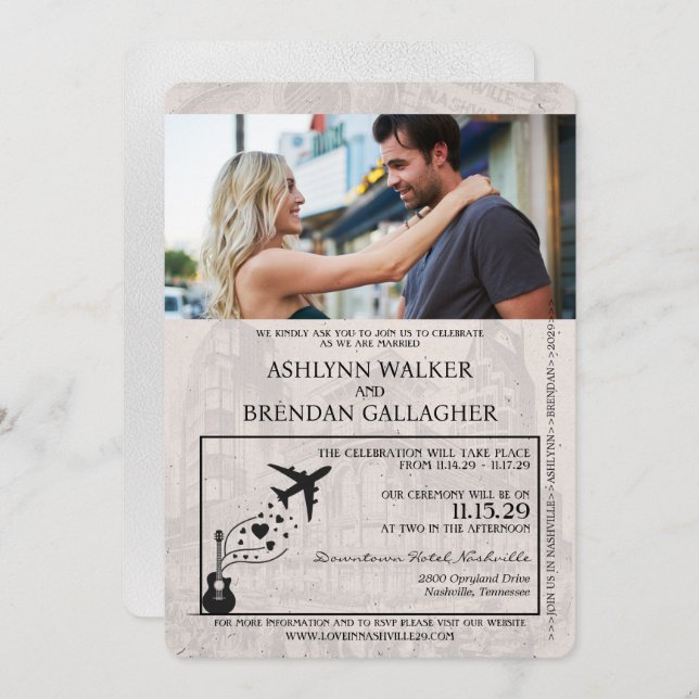 White Nashville Passport Wedding Invitation (Front/Back)