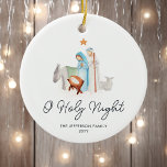 White Nativity Religious Christmas  Ceramic Ornament<br><div class="desc">This personalised Christmas holiday ornament is a beautiful addition to any tree. Featuring a beautiful watercolor nativity scene on a crisp white background, this ornament captures the essence of the season in a stunning and timeless way. The "O Holy Night" message adds an extra touch of reverence and meaning to...</div>