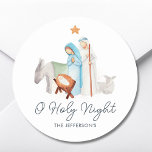 White Nativity Religious Christmas  Classic Round Sticker<br><div class="desc">Charming white nativity religious Christmas stickers feature a beautiful watercolor nativity scene on a crisp white background. They are perfect for sharing the season's joy with those closest to you. The words "O Holy Night" are elegantly written below the scene,  representing the magic and wonder of Christmas.</div>