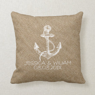 White Nautical Anchor Beige Linen Print Cushion