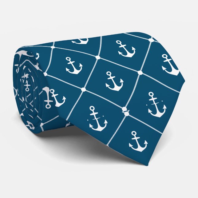 White Nautical Anchors and Rope Squares Tie (Rolled)