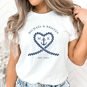 White & Nautical Blue Rope Heart Anchor Wedding  T-Shirt