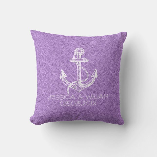 White Nautical Boat Anchor Purple Linen Print Cushion (Front)