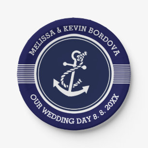 White Nautical Boat Anchor Wedding Text template Paper Plate