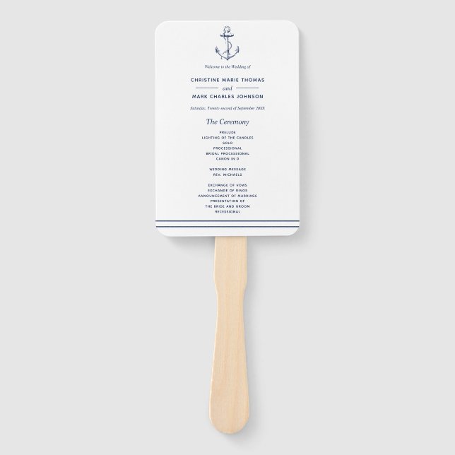 White Nautical Navy Anchor Sea Side Wedding Hand Fan (Front)