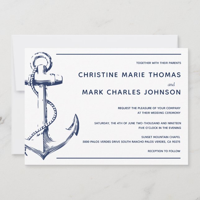 White Nautical Navy Ship Anchor Wedding Invitation (Front)