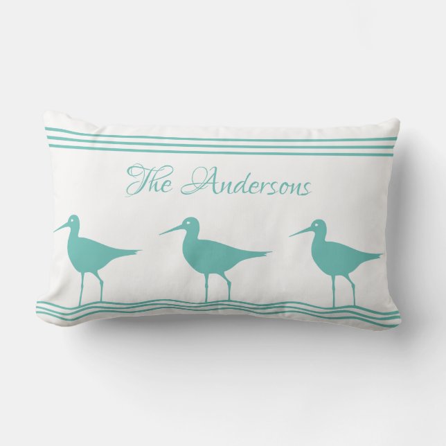 White Nautical Pillow Teal Blue Sandpipers (Front)