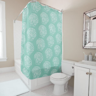White Nautical Seashell On Seafoam Green Shower Cu Curtain