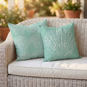 White Nautical Seashells Pattern On Seafoam Green Cushion