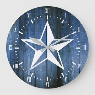 White Nautical Star Blue Wooden Planks Large Clock