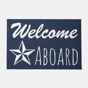 White Nautical Star & Navy Blue Welcome Aboard Doormat