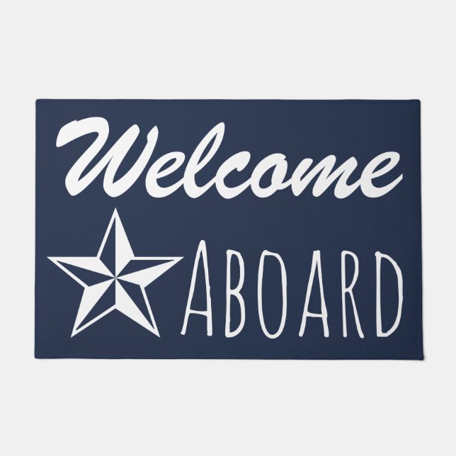 White Nautical Star & Navy Blue Welcome Aboard Doormat (Front)