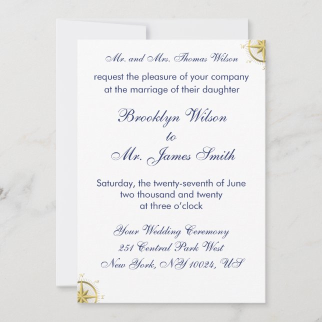 White Nautical Wedding Invitations Gold Compass (Front)