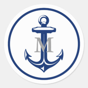White Navy Blue Anchor   Monogrammed Classic Round Sticker