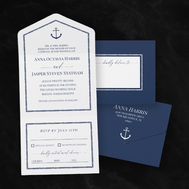 White Navy Blue Anchor Nautical Wedding  All In One Invitation (Creator Uploaded)
