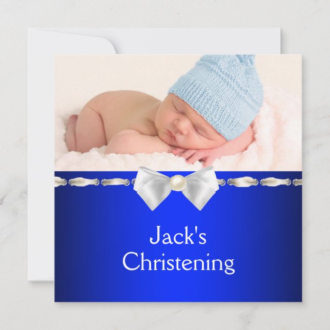 White Navy Blue Baby Boy Photo Christening Invitation (Front)