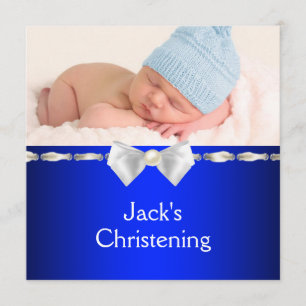 White Navy Blue Baby Boy Photo Christening Invitation