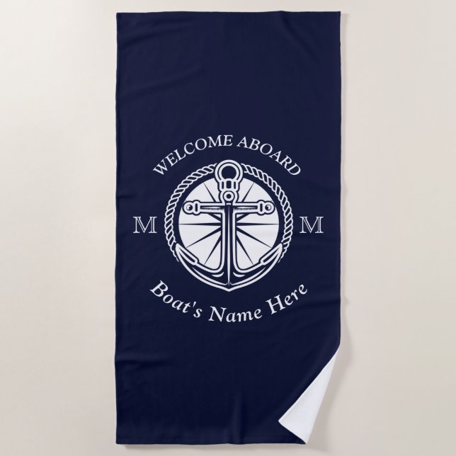 White Navy Blue Boat Name Anchor Welcome Aboard Beach Towel (Front)