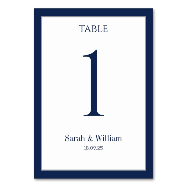 White & Navy Blue Border Wedding Table Number Card (Front)