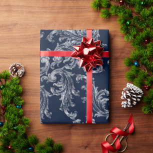 White Navy Blue Brocade Christmas Wrapping Paper