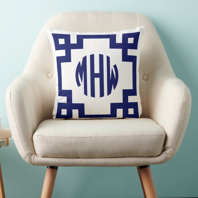 White Navy Blue Circle Monogram Greek Key DIY BG Cushion (Creator Uploaded)