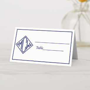 White Navy Blue Diamond Monogram Font DIY BG #2 Place Card