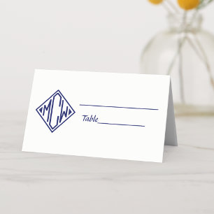 White Navy Blue Diamond Monogram Font DIY BG #2NF Place Card