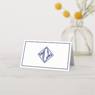 White Navy Blue Diamond Monogram Font DIY BG Place Card
