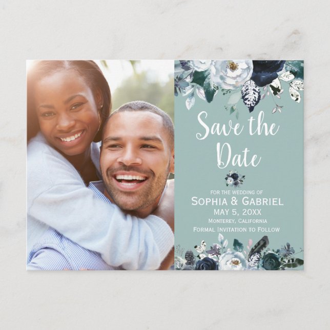 White Navy Blue Floral Green Wedding Save the Date Announcement Postcard (Front)