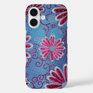 White Navy Blue Floral Pink Glitter Daisy Pattern iPhone 16 Case