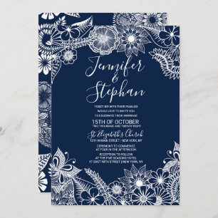 White Navy Blue Illustrative Florals Wedding Invitation