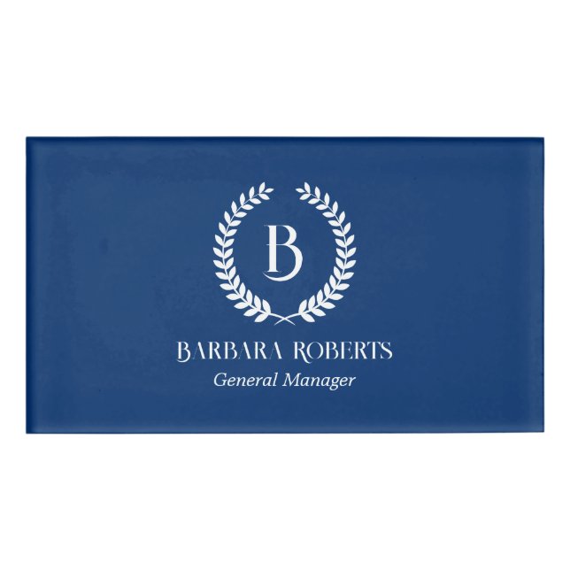 White & Navy Blue Laurel Wreath Custom Monogram Name Tag (Front)