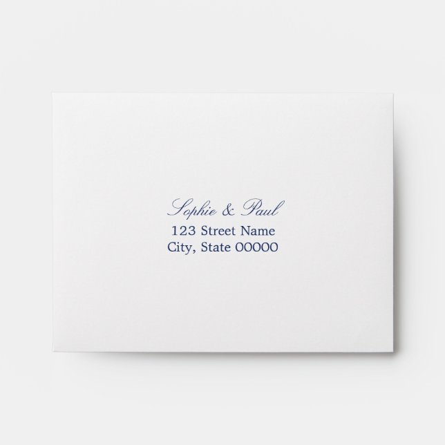 White Navy Blue Lined Self Addressed RSVP Envelope (Front)