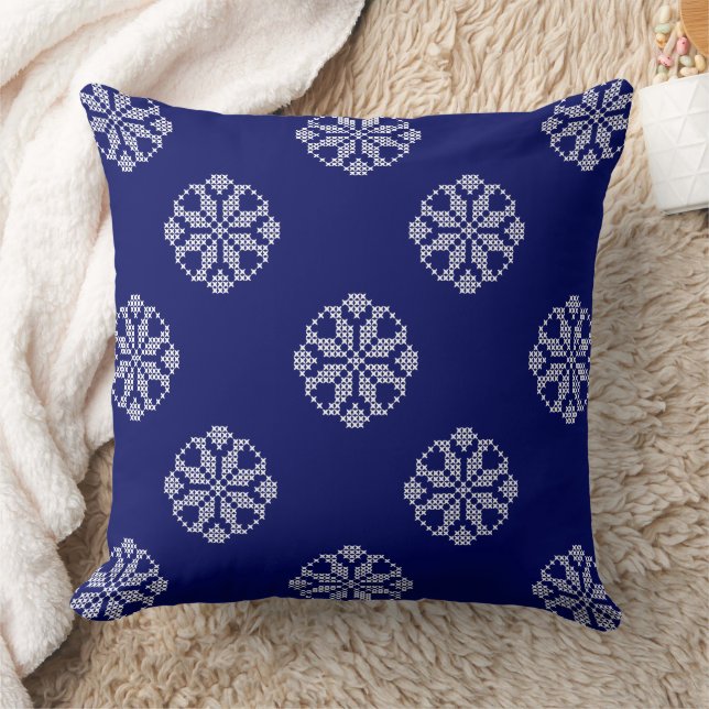 White & Navy Blue Modern Cross Stitch Lace Pattern Cushion (Blanket)