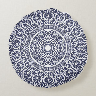 White & Navy Blue Modern Mandala boho chic Indian Round Cushion