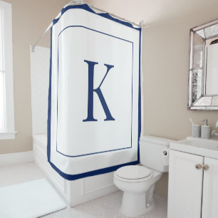  White &navy blue Monogram initial  Shower Curtain