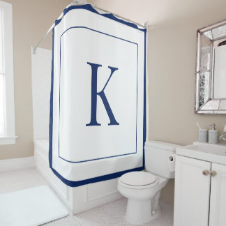  White &navy blue Monogram initial  Shower Curtain