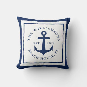 White Navy Blue Nautical Anchor Family Monogram Cushion